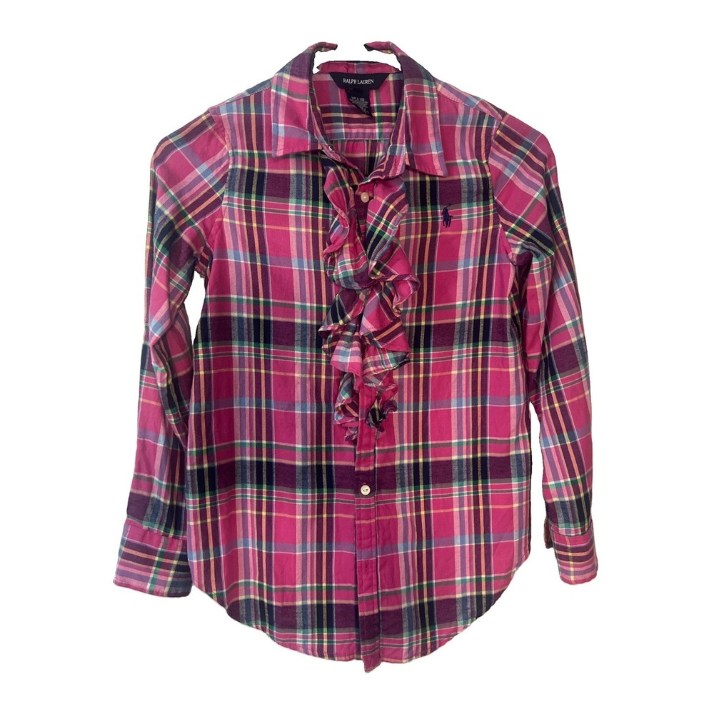 Ralph Lauren Girl's‎ Pink & Green Plaid Cotton Ruffle Shirt- Size 8